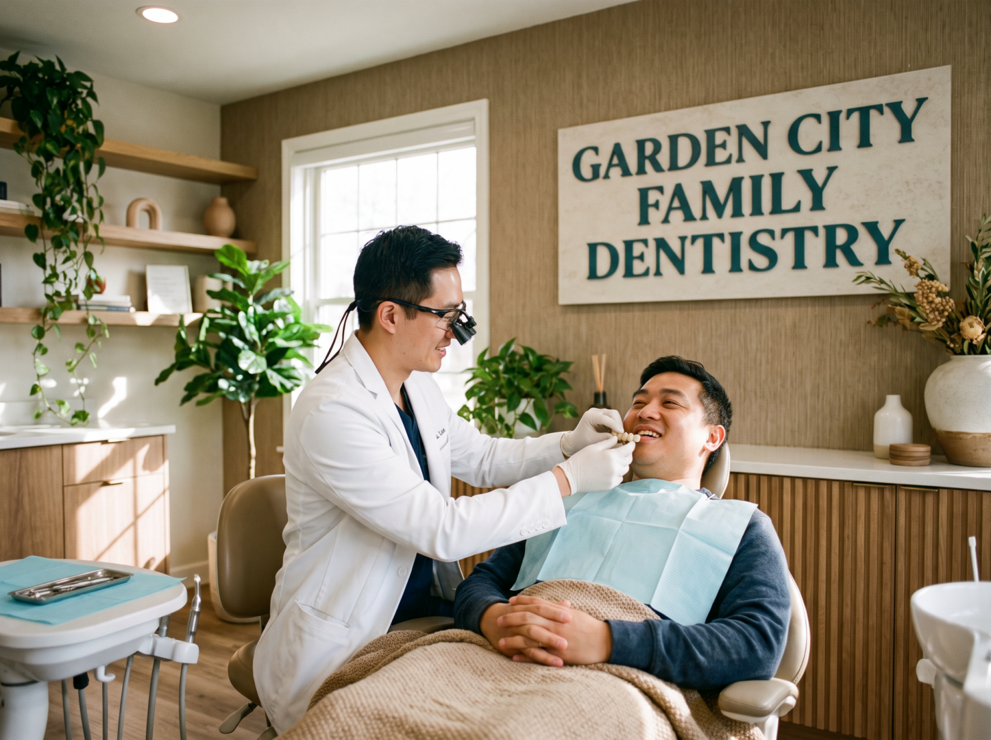 Dentist placing a dental bridge into a patient's mouth