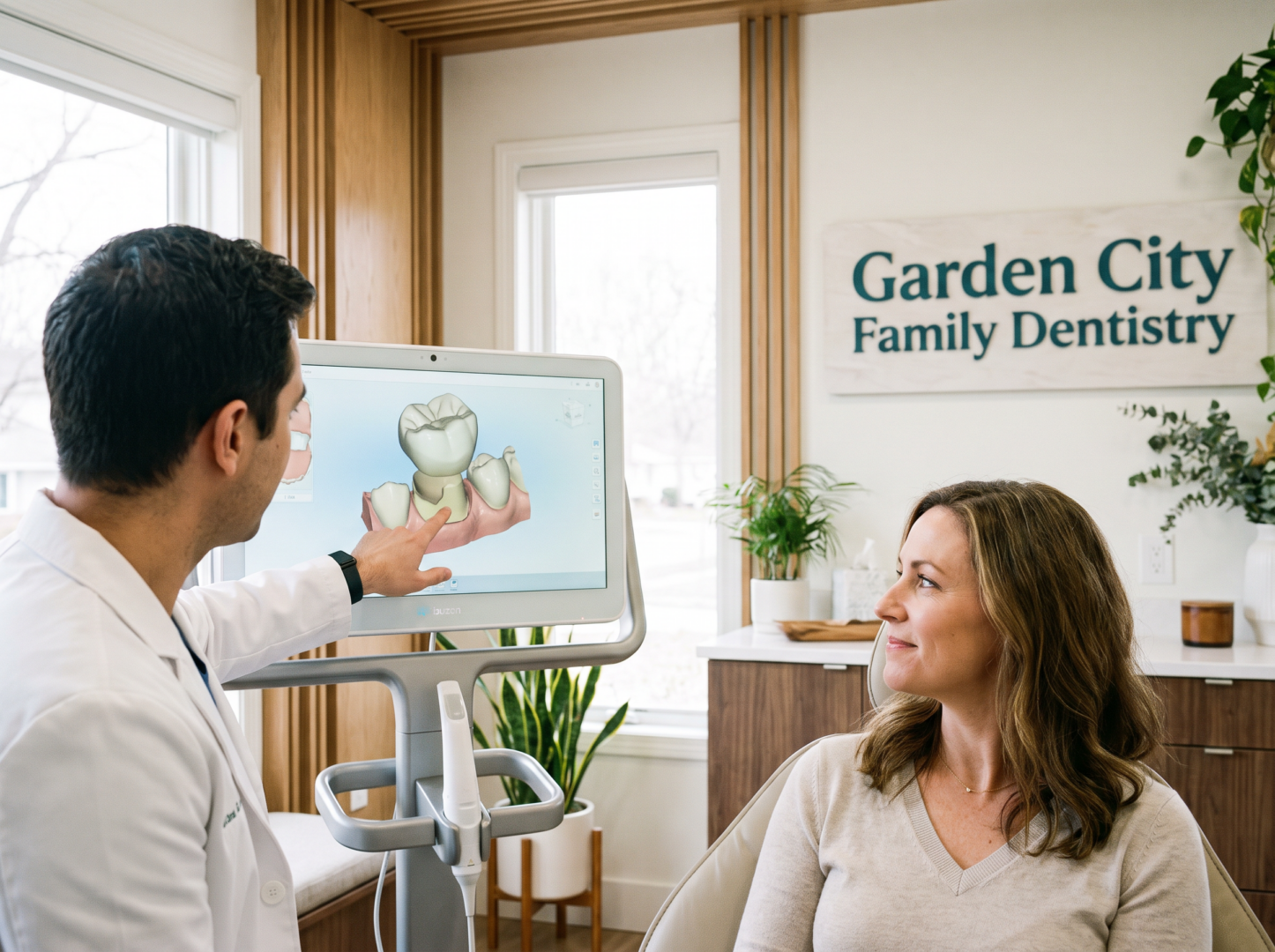 Dentist showing patient how a broken tooth will be repaired