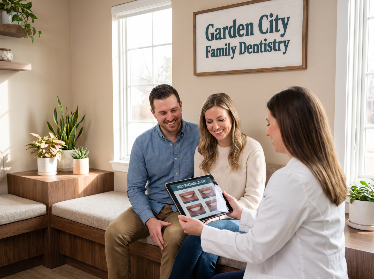 Dentist showing smile makeover options to a couple on a tablet