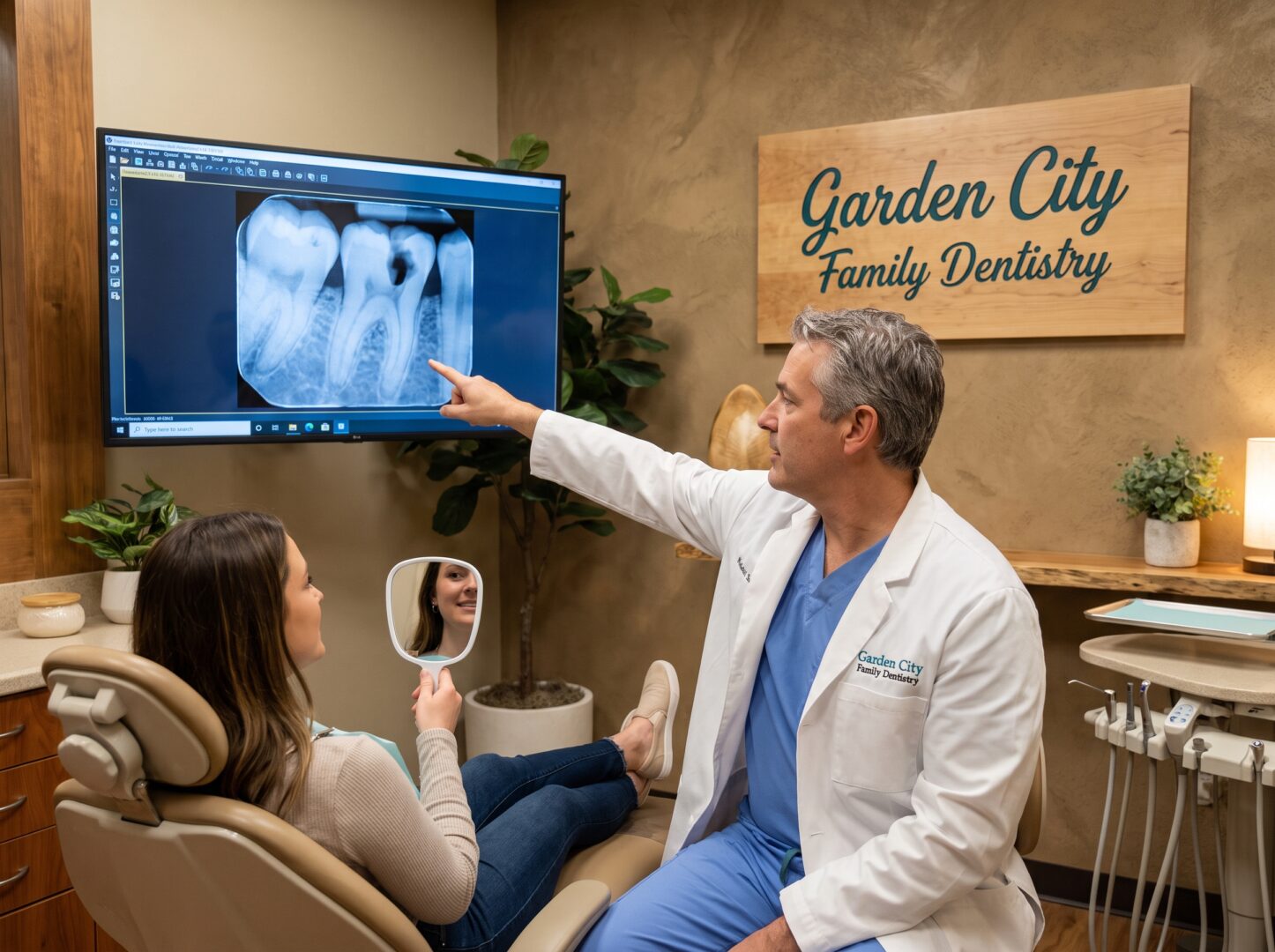 Dentist explaining digital X-ray of a cavity to a patient at Garden City Family Dentistry