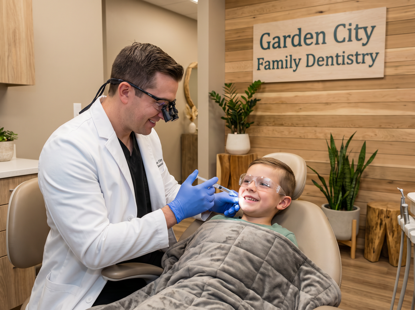 Dentist applying preventive dental sealants