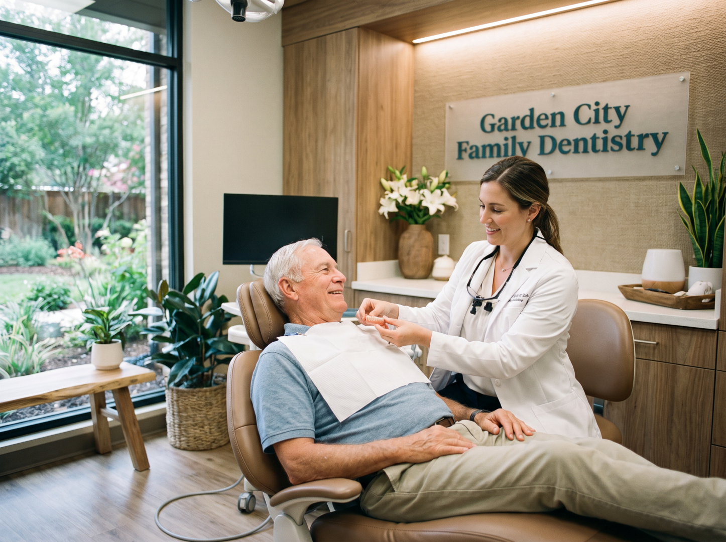 Dentist carefully adjusting a partial denture for a patient