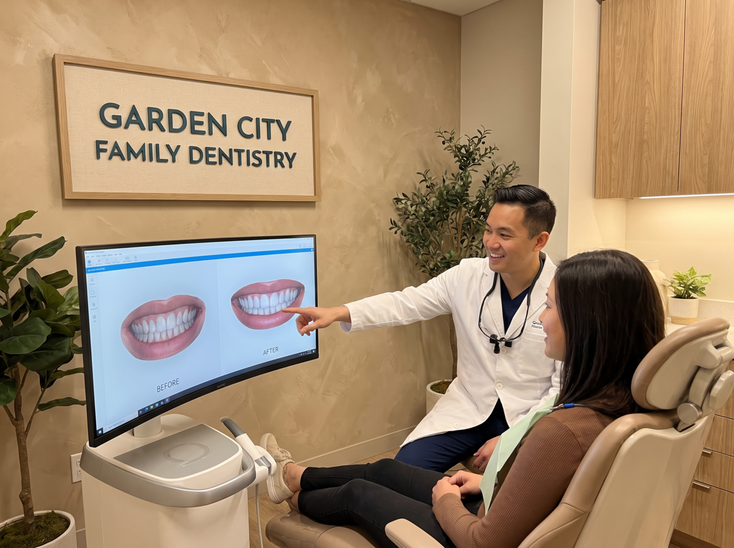 Dentist showing 3D digital smile design simulation on a monitor