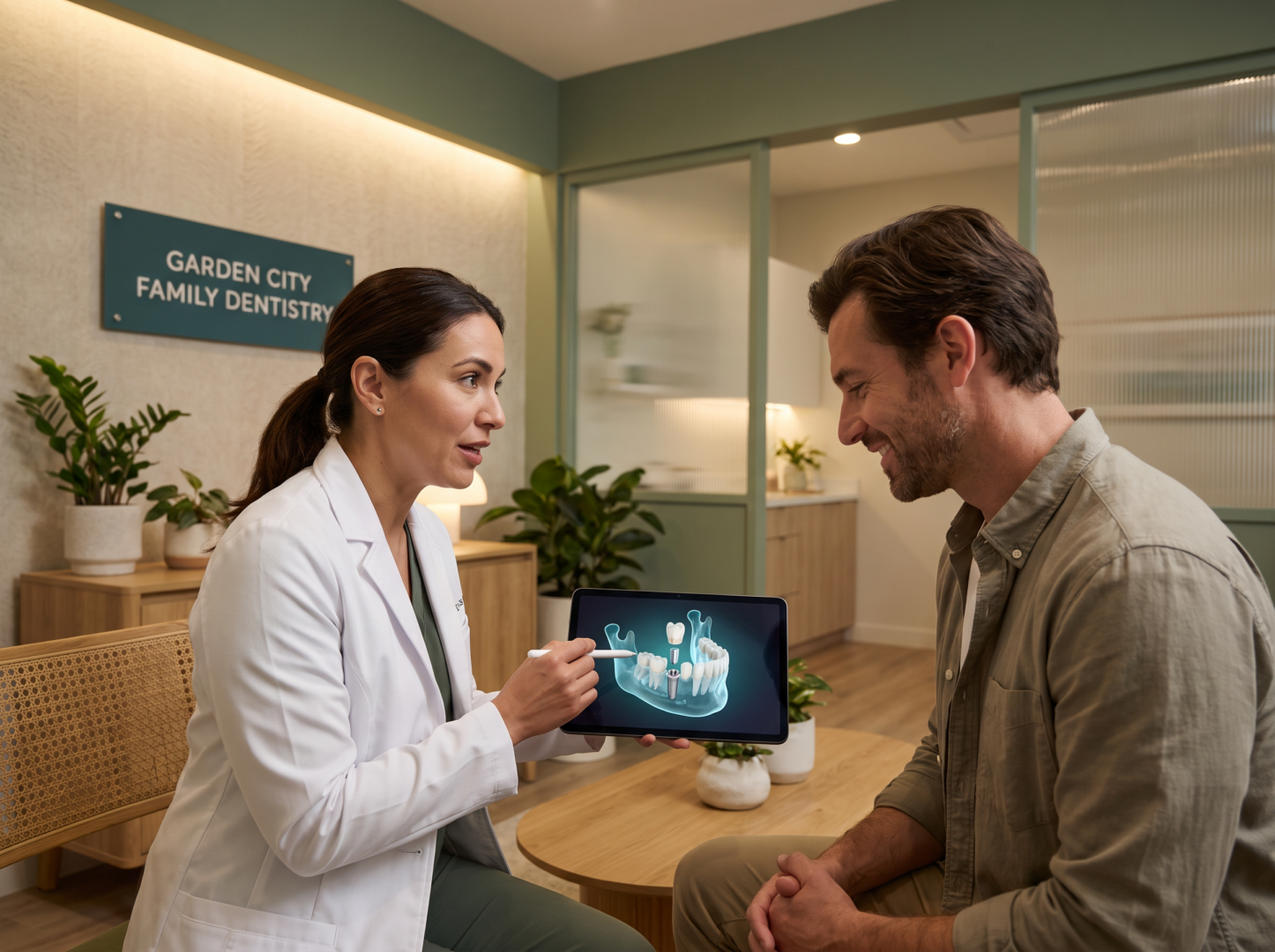 Dentist and patient reviewing 3D digital implant placement plan