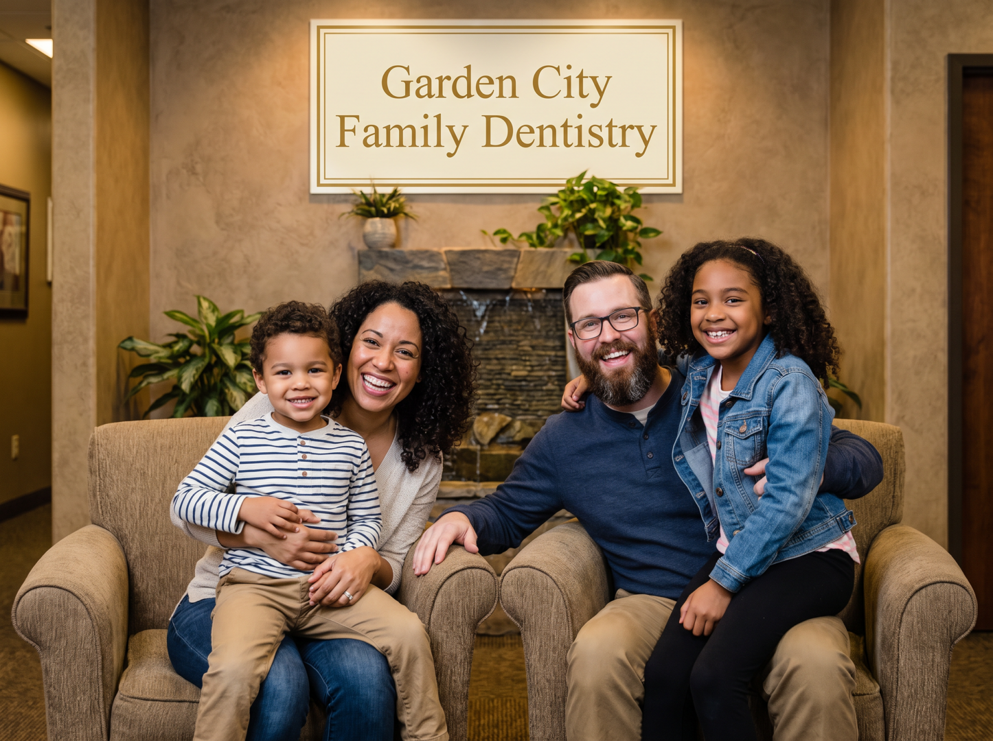 Happy diverse family in the Garden City Family Dentistry waiting room