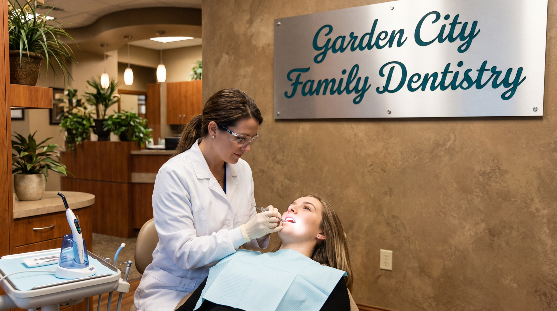 Dentist applying composite resin to patient's tooth