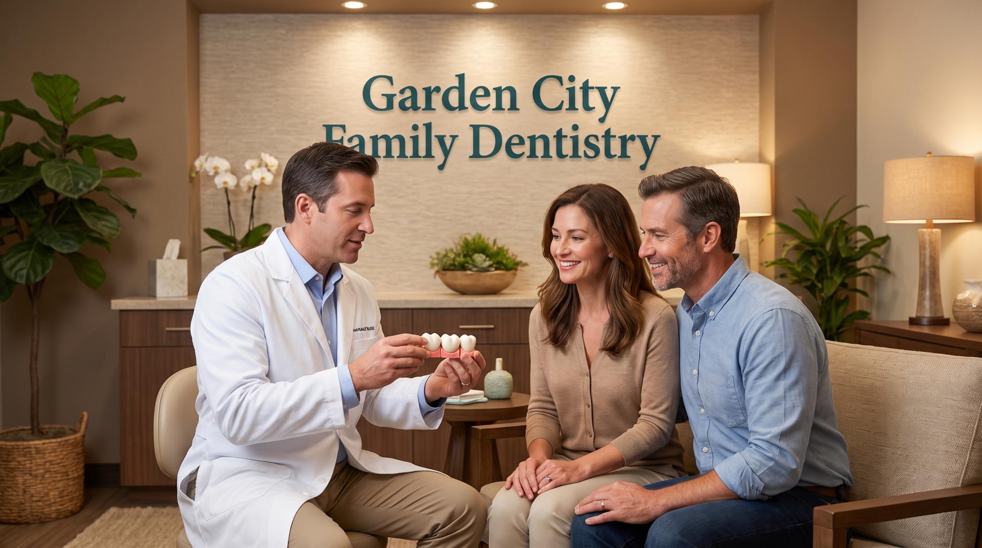 Dentist explaining a dental bridge model to a smiling couple