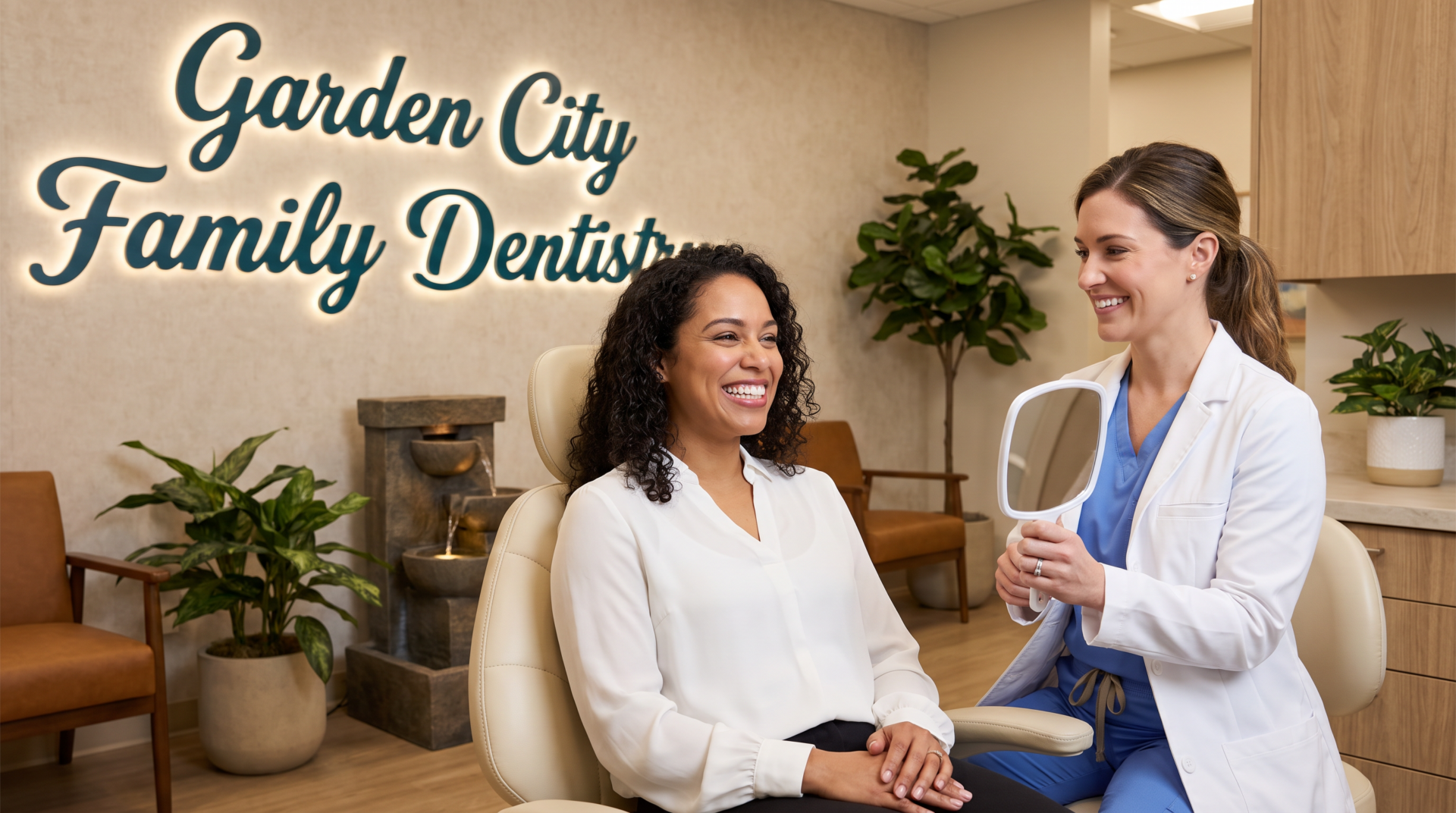 Beautiful confident woman with a radiant white smile in dental chair