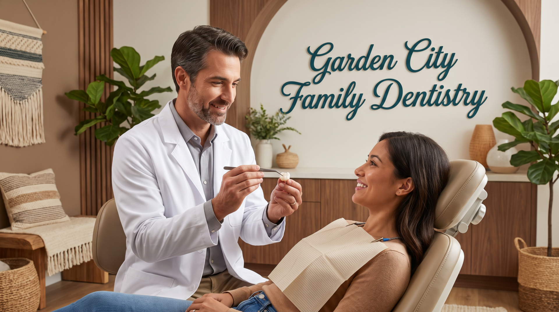 Dentist holding a porcelain dental crown for a patient