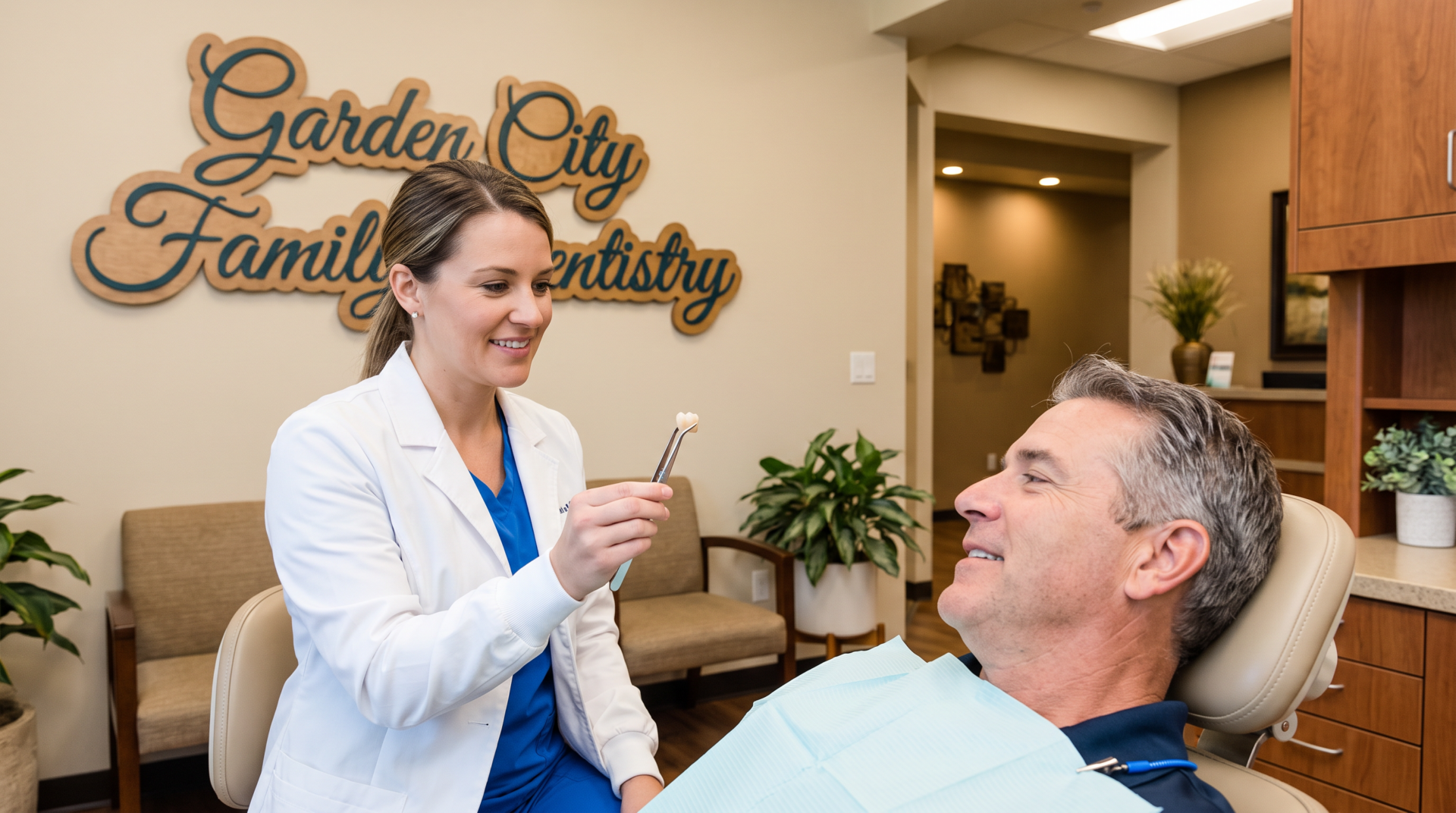 Dentist holding a porcelain dental crown for a patient