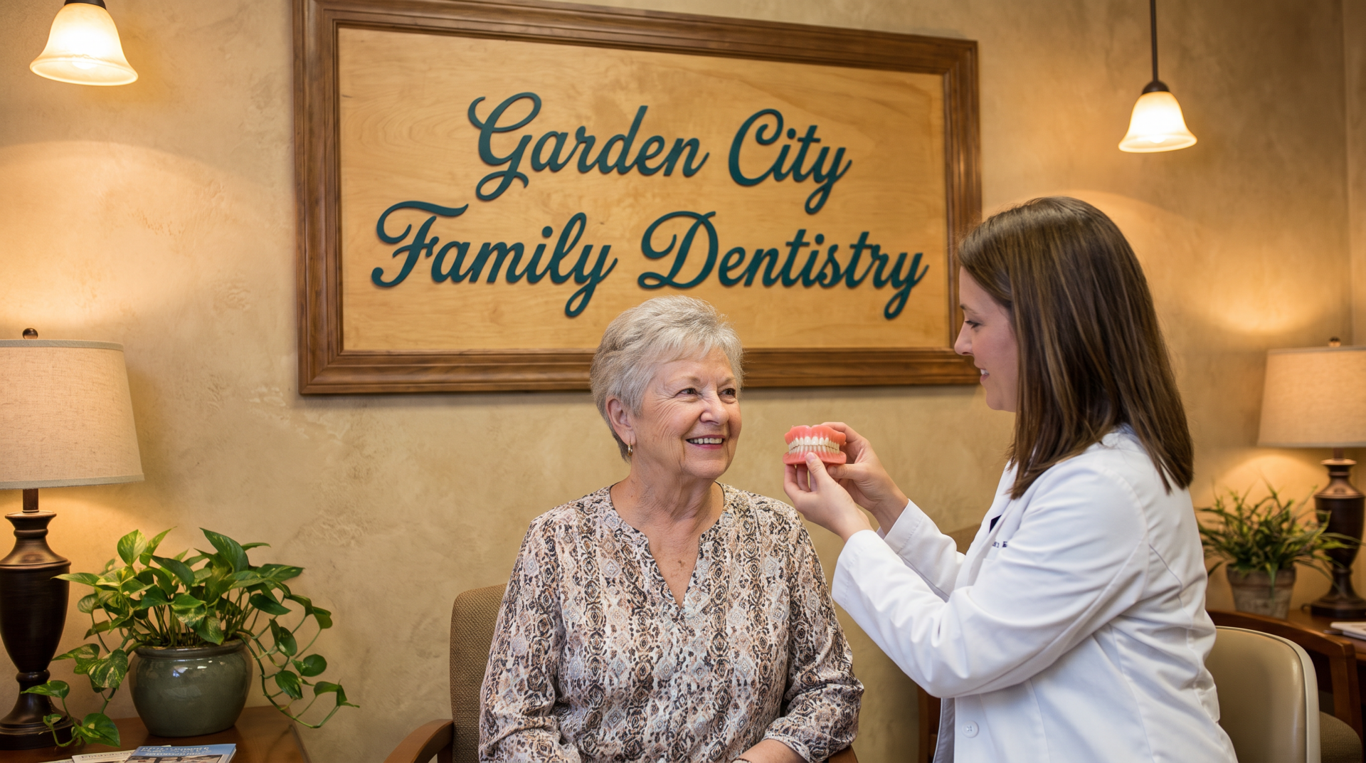 Dentist showing custom dentures to a happy senior patient