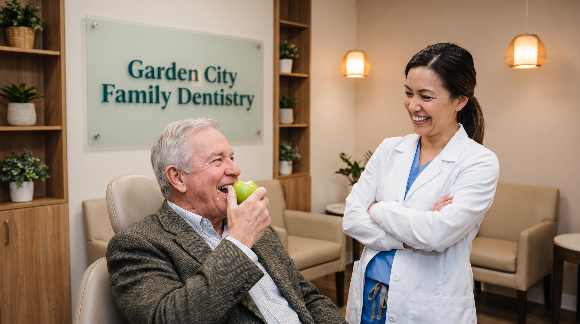 Senior man biting into an apple confidently with implant-supported dentures