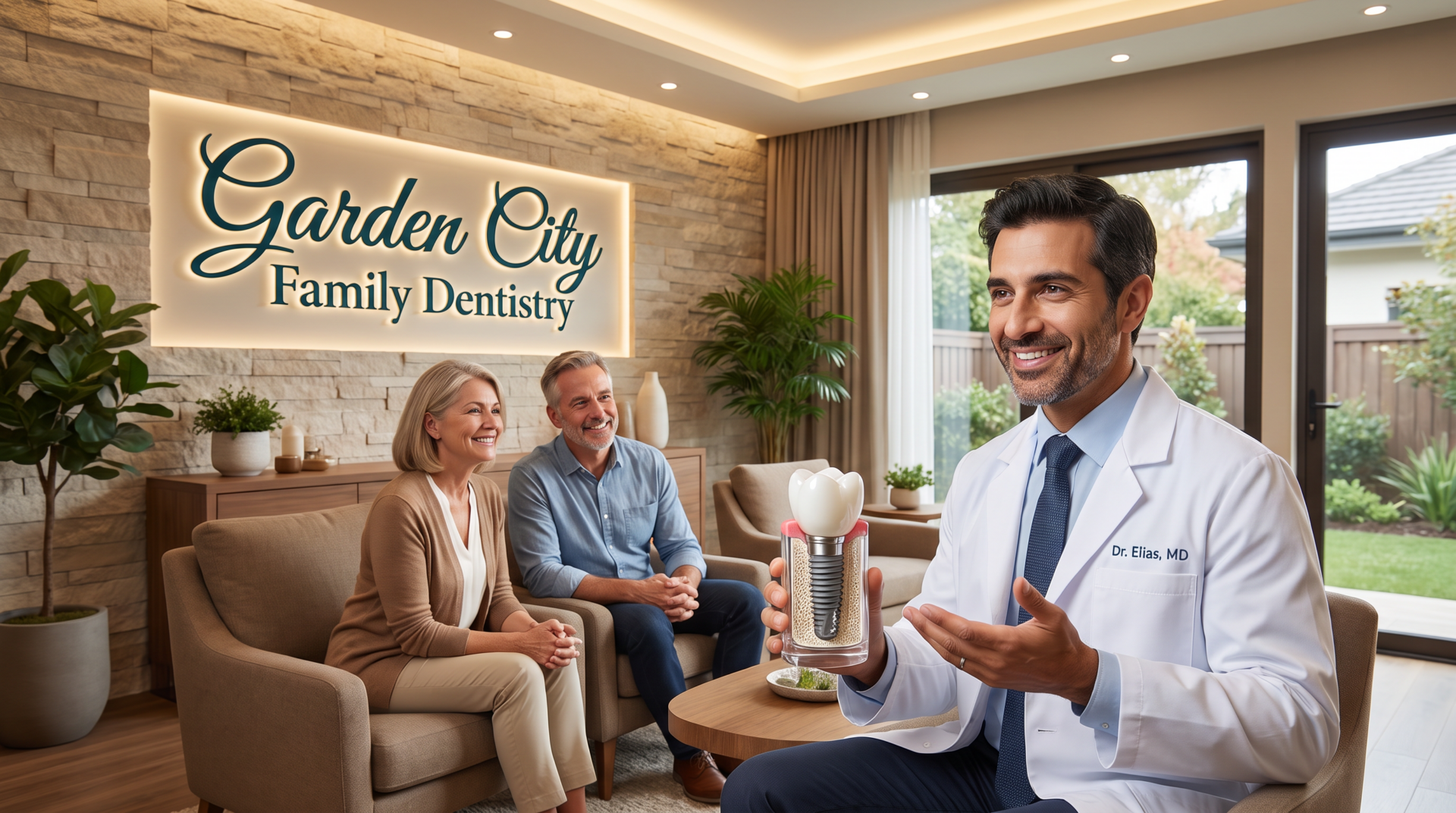 Dentist explaining a dental implant model to a couple