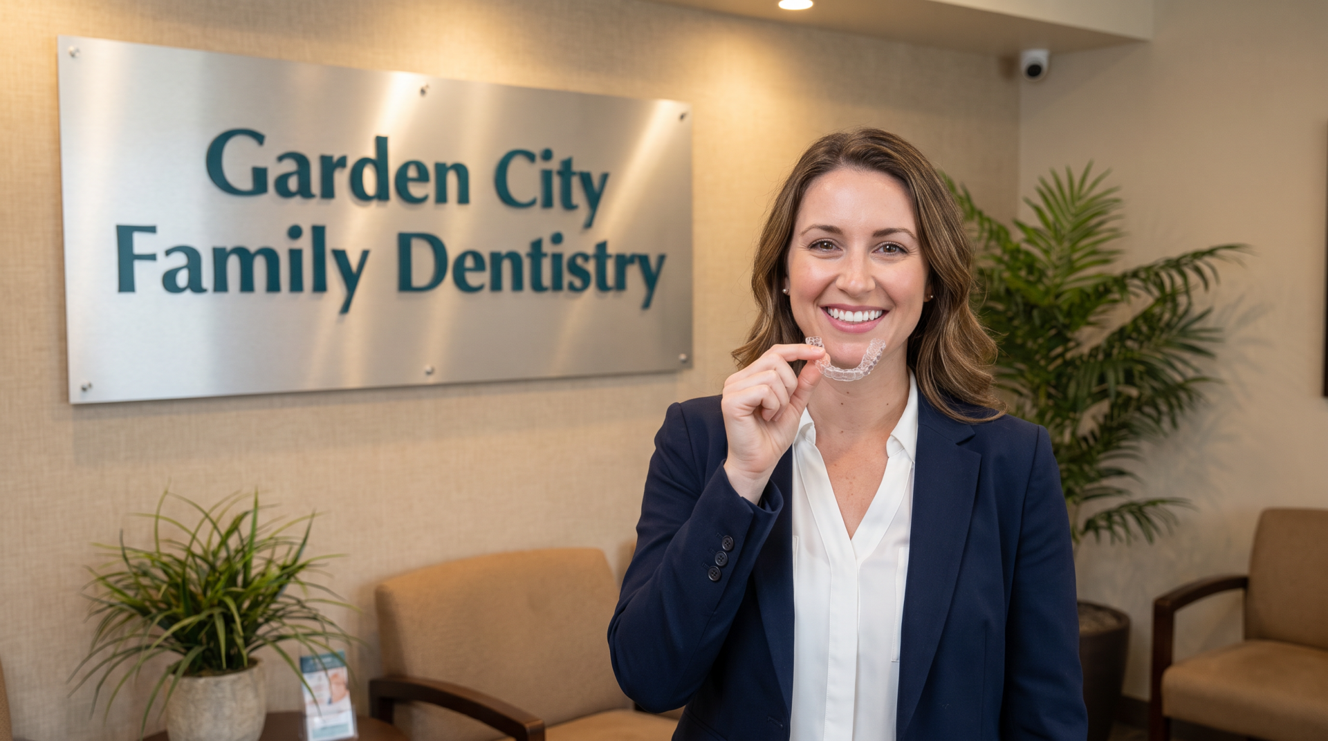 Young professional woman smiling confidently holding an Invisalign clear aligner