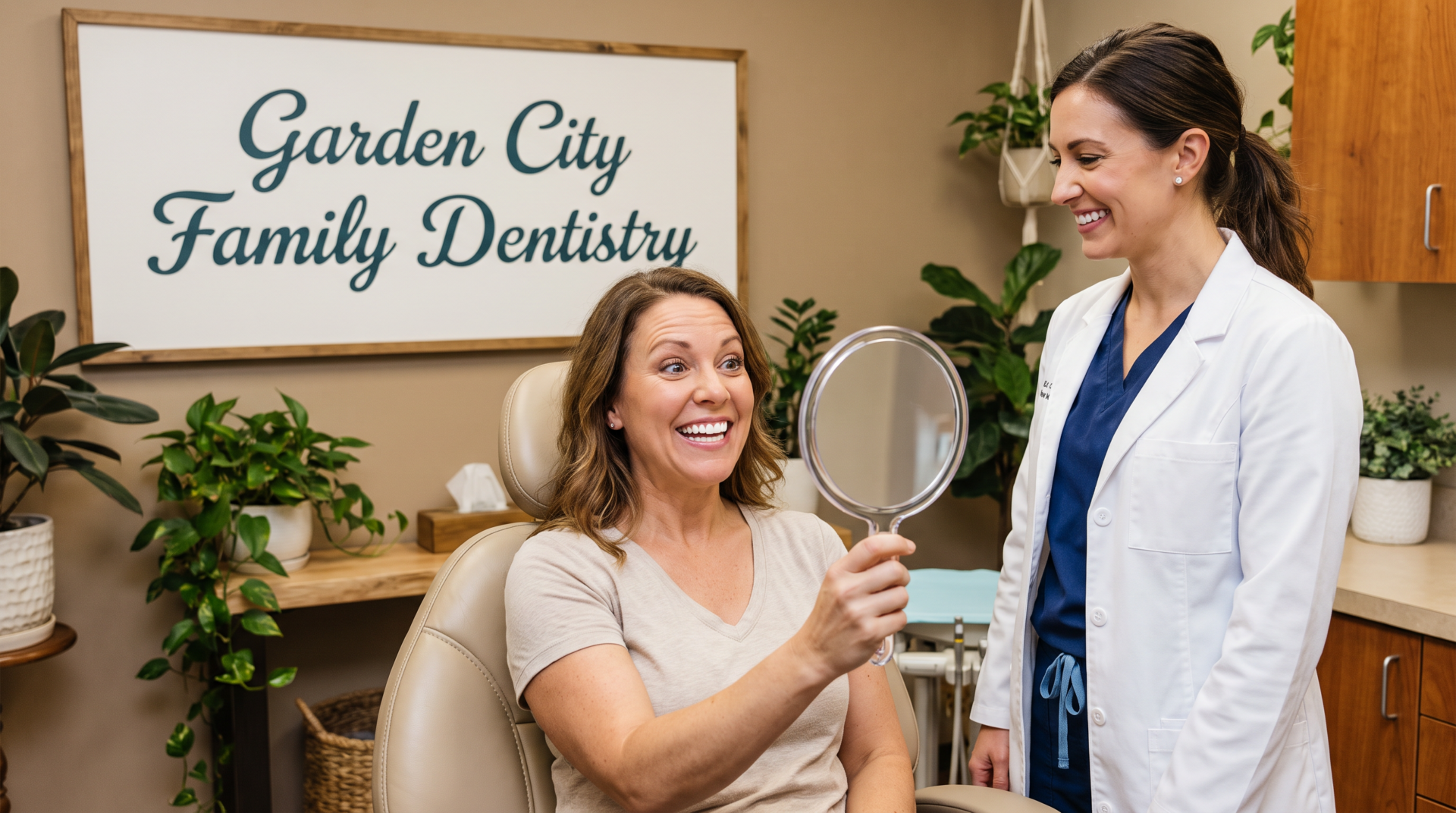 Woman amazed by her smile makeover results in a mirror