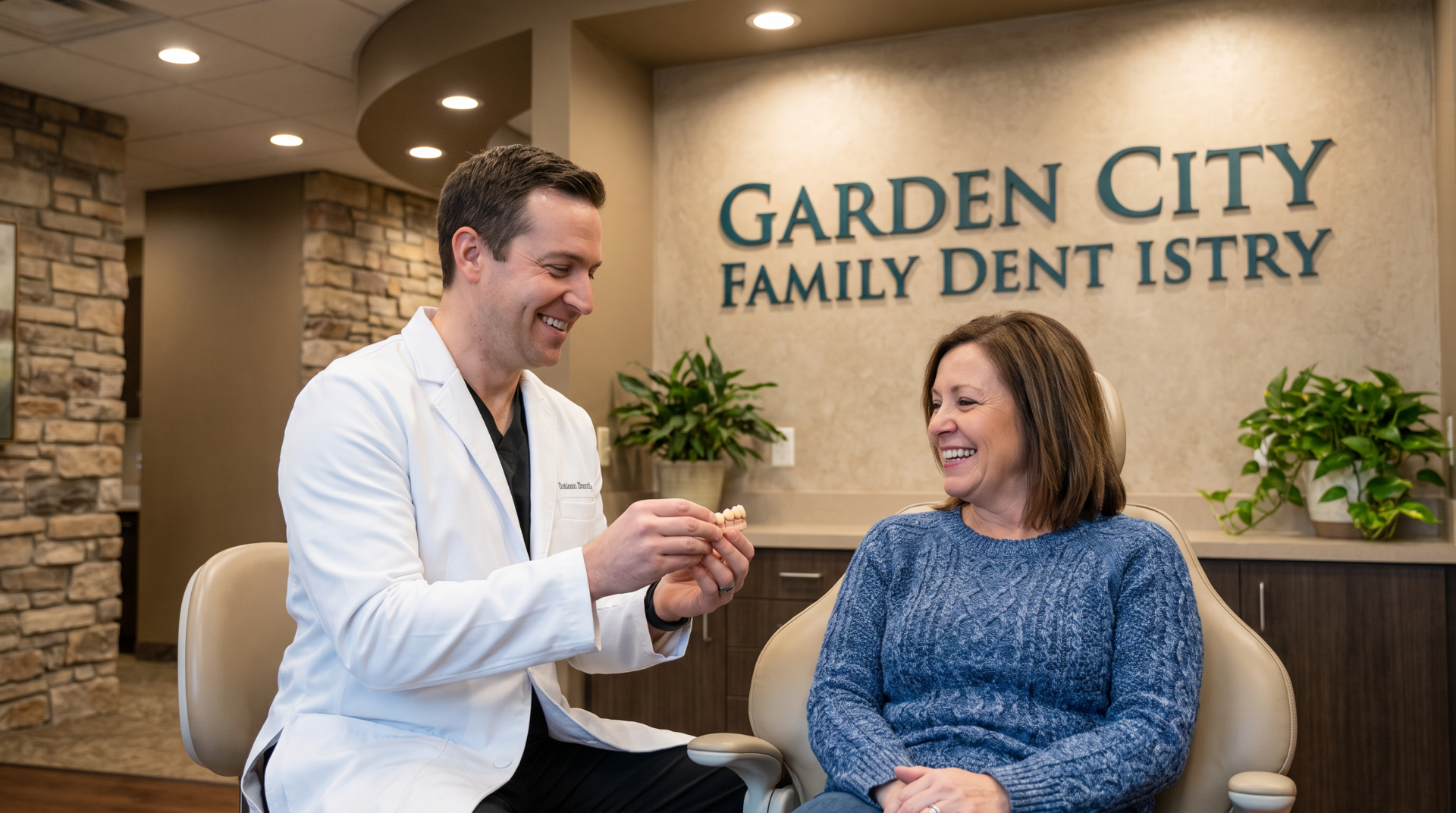 Dentist showing a restorative dental model to a happy patient