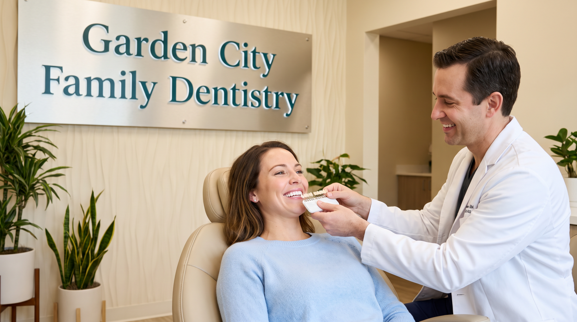 Dentist matching porcelain veneer shade with a smiling patient