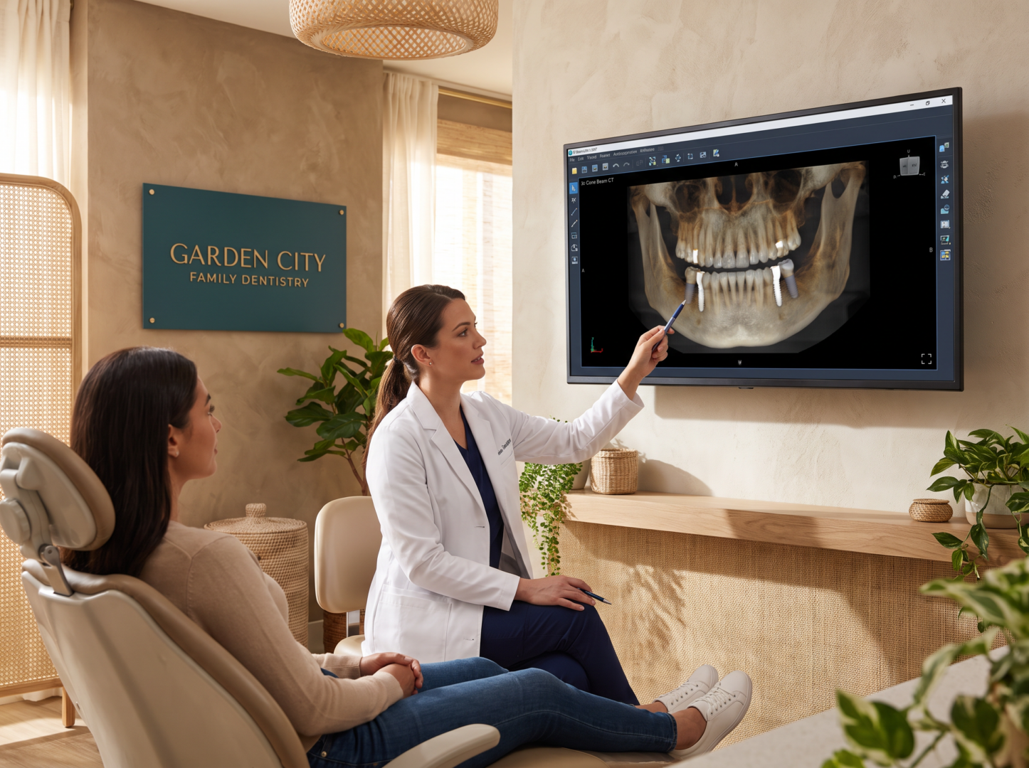 Dentist planning implant placement using 3D Cone Beam CT scan
