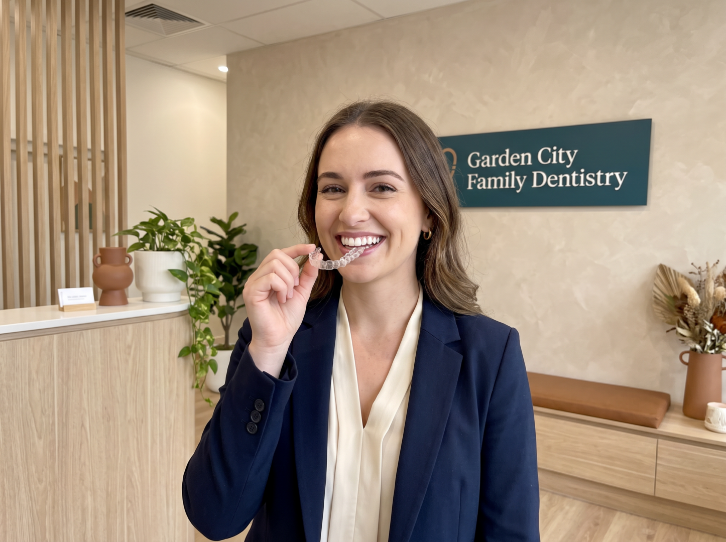 Woman holding clear Invisalign aligner