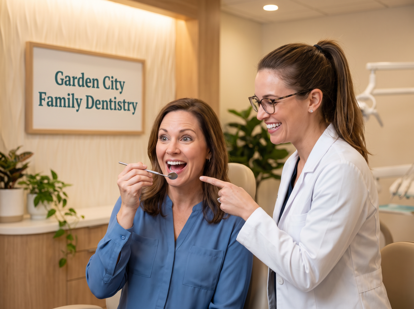 Delighted patient looking at her new single dental implant in a mirror