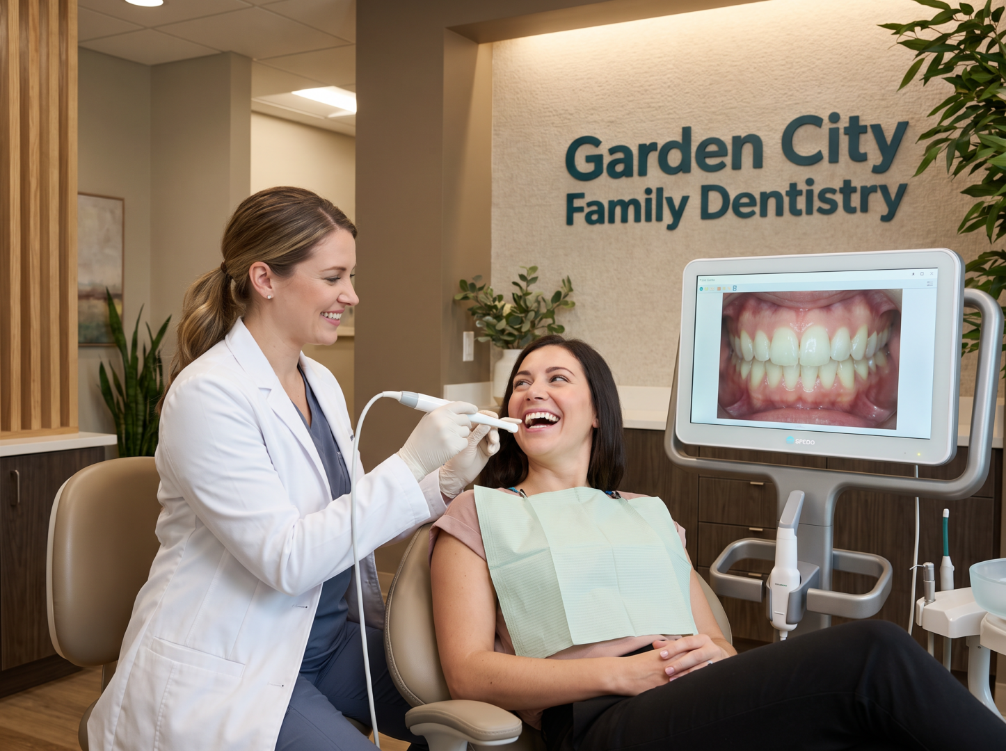 Dentist performing preventive oral exam using intraoral camera at Garden City Family Dentistry