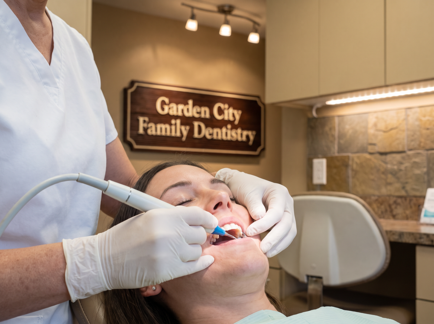 Dental hygienist performing scaling procedure