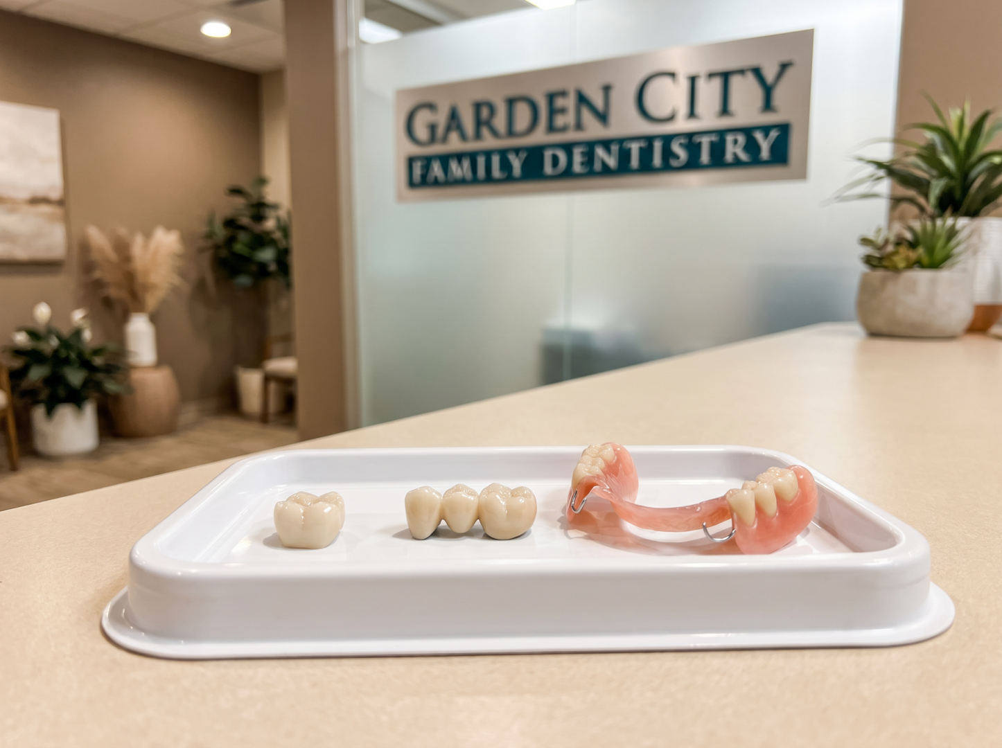 Various restorative dental options including crowns, bridges, and dentures