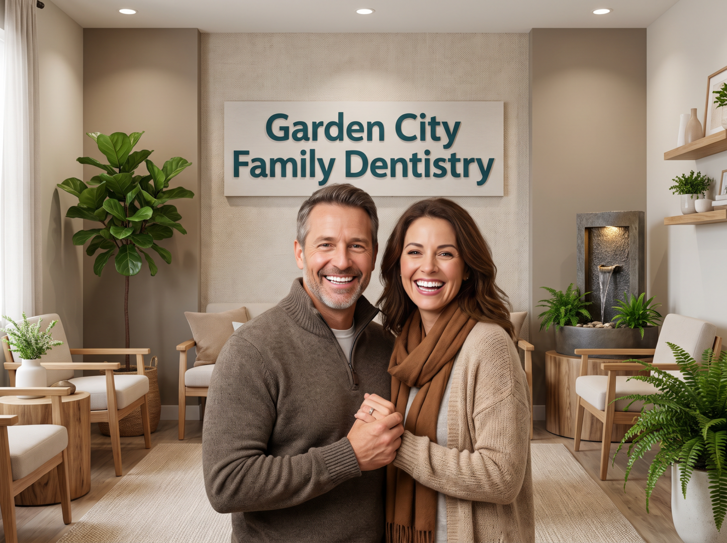 Happy couple smiling confidently in the waiting room at Garden City Family Dentistry