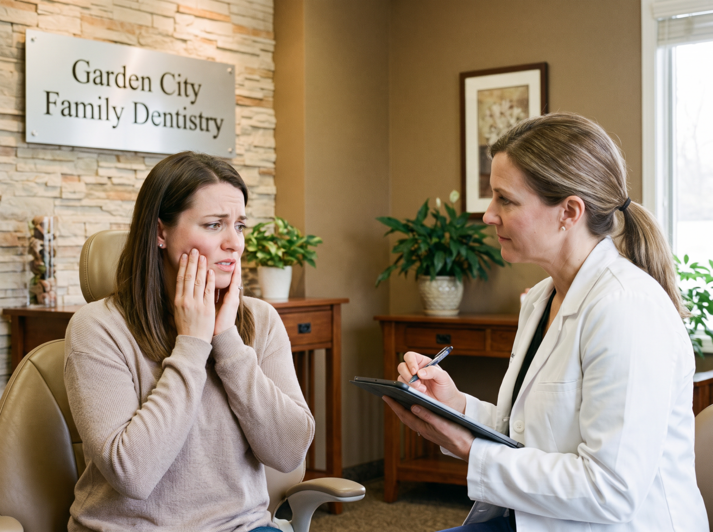 Patient discussing tooth pain with dentist at Garden City Family Dentistry