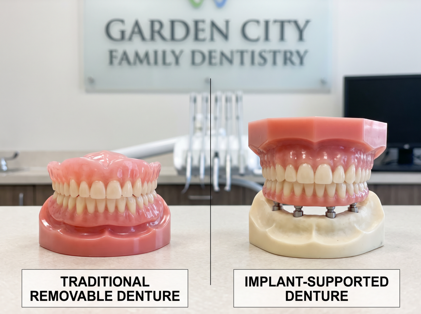 Comparison model showing traditional denture vs implant-supported denture
