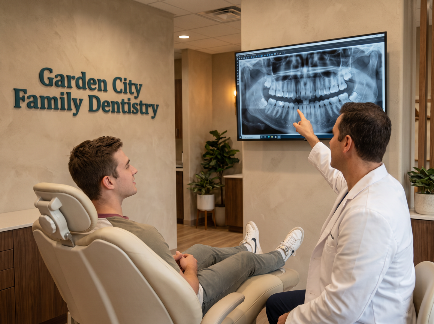 Dentist evaluating panoramic X-ray for wisdom tooth removal at Garden City Family Dentistry