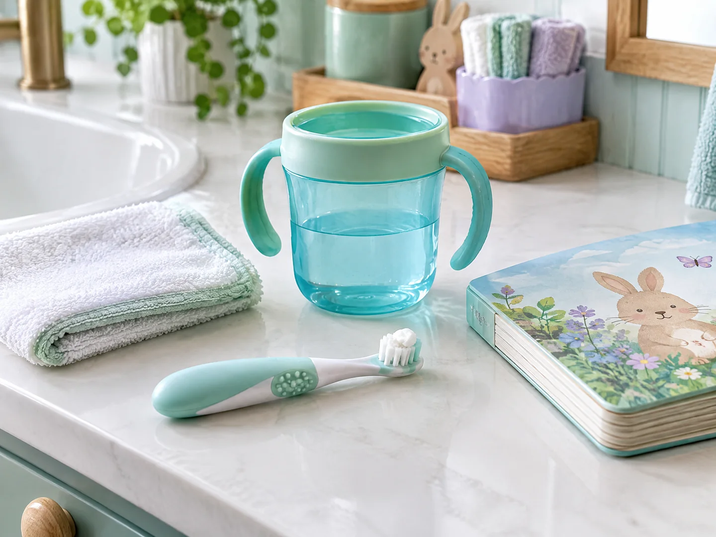 Baby toothbrush with a small toothpaste amount, washcloth, training cup, and board book