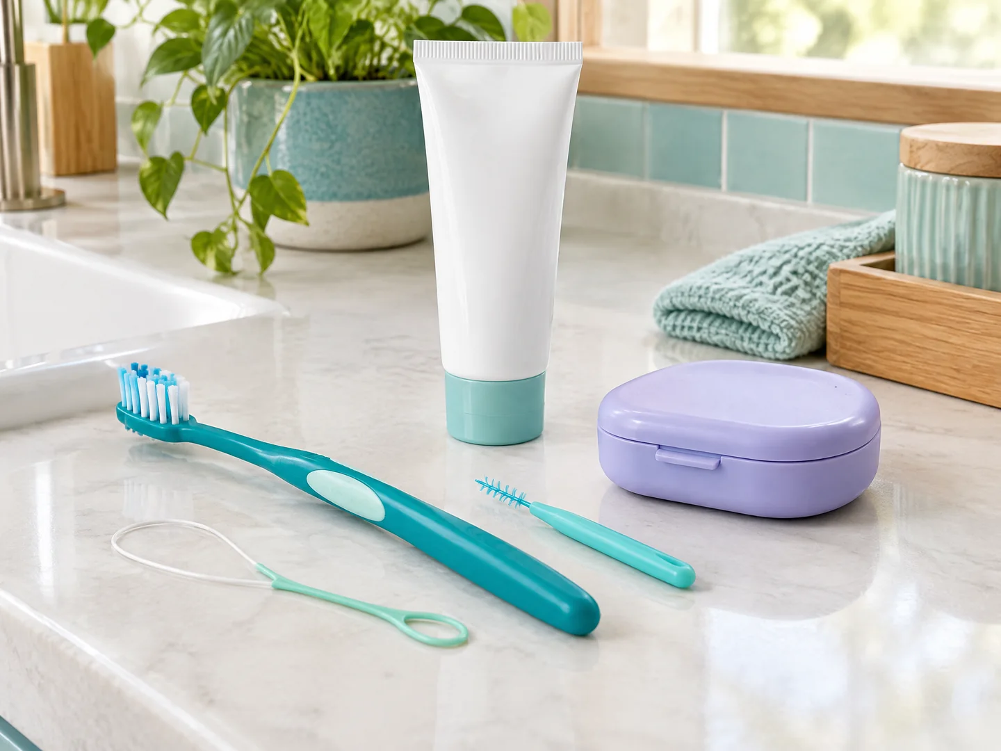 Braces toothbrush, floss threader, interdental brush, fluoride toothpaste, and retainer case