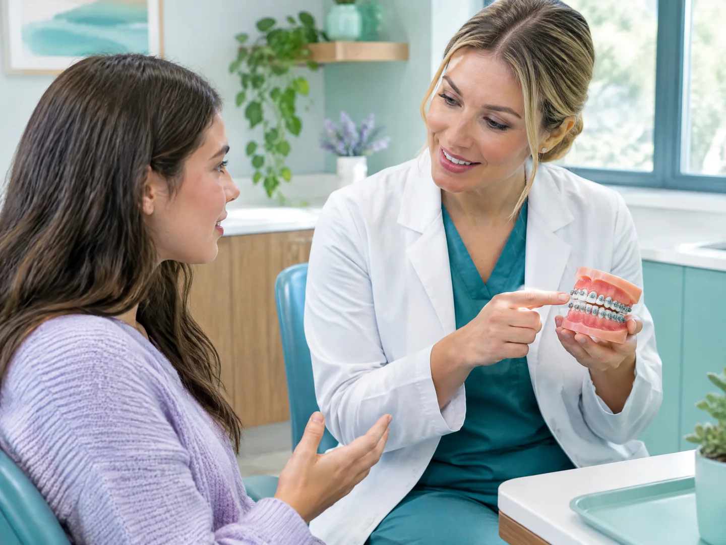 Patient asking questions while a dentist reviews a braces model