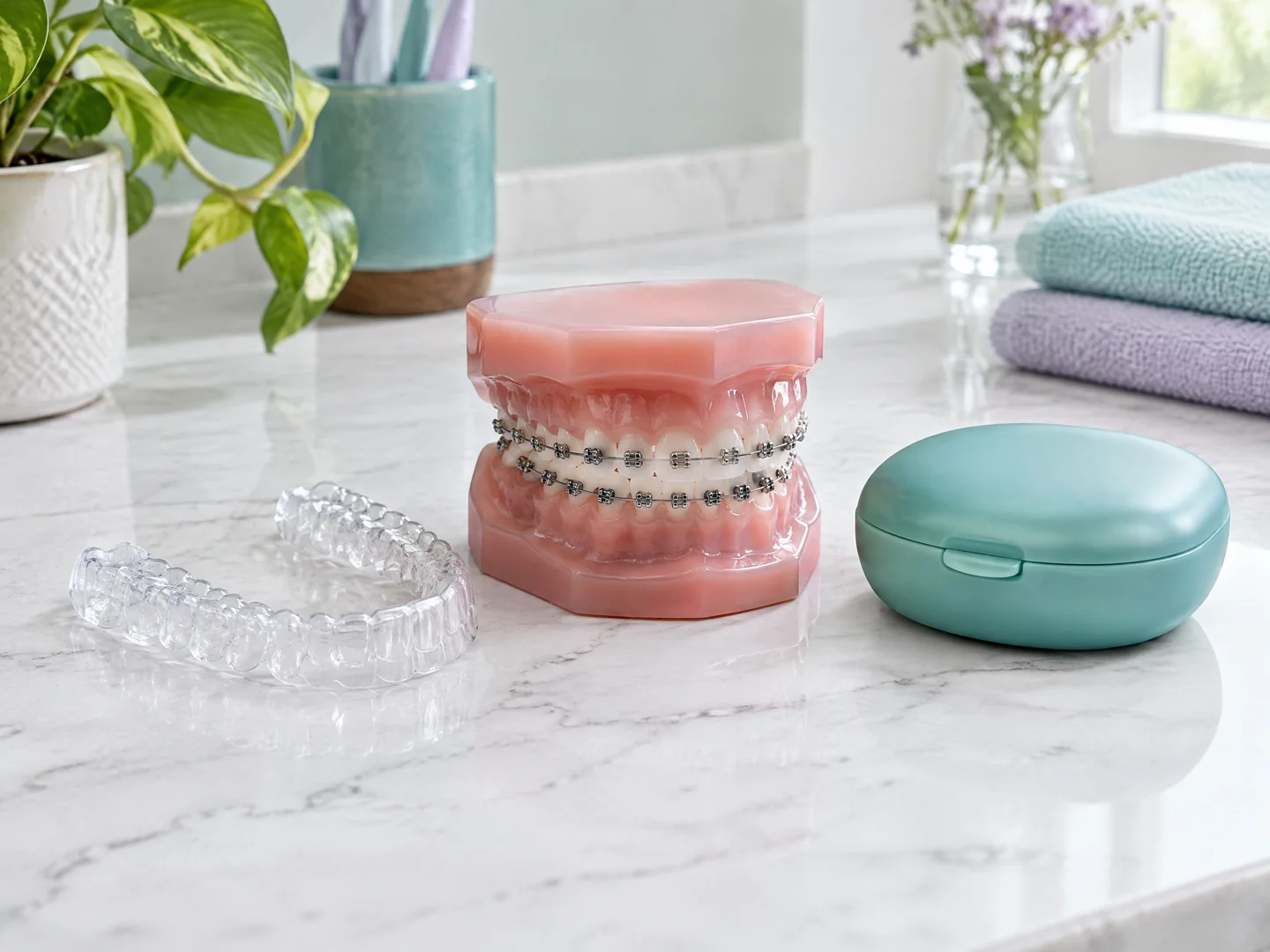 Clear aligner tray beside a dental model with braces and an orthodontic case
