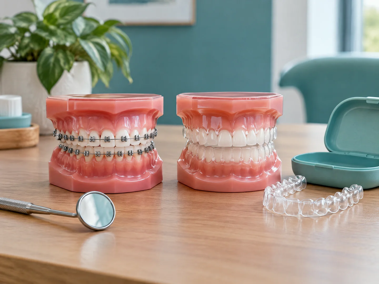 Dental models comparing fixed braces and a removable clear aligner