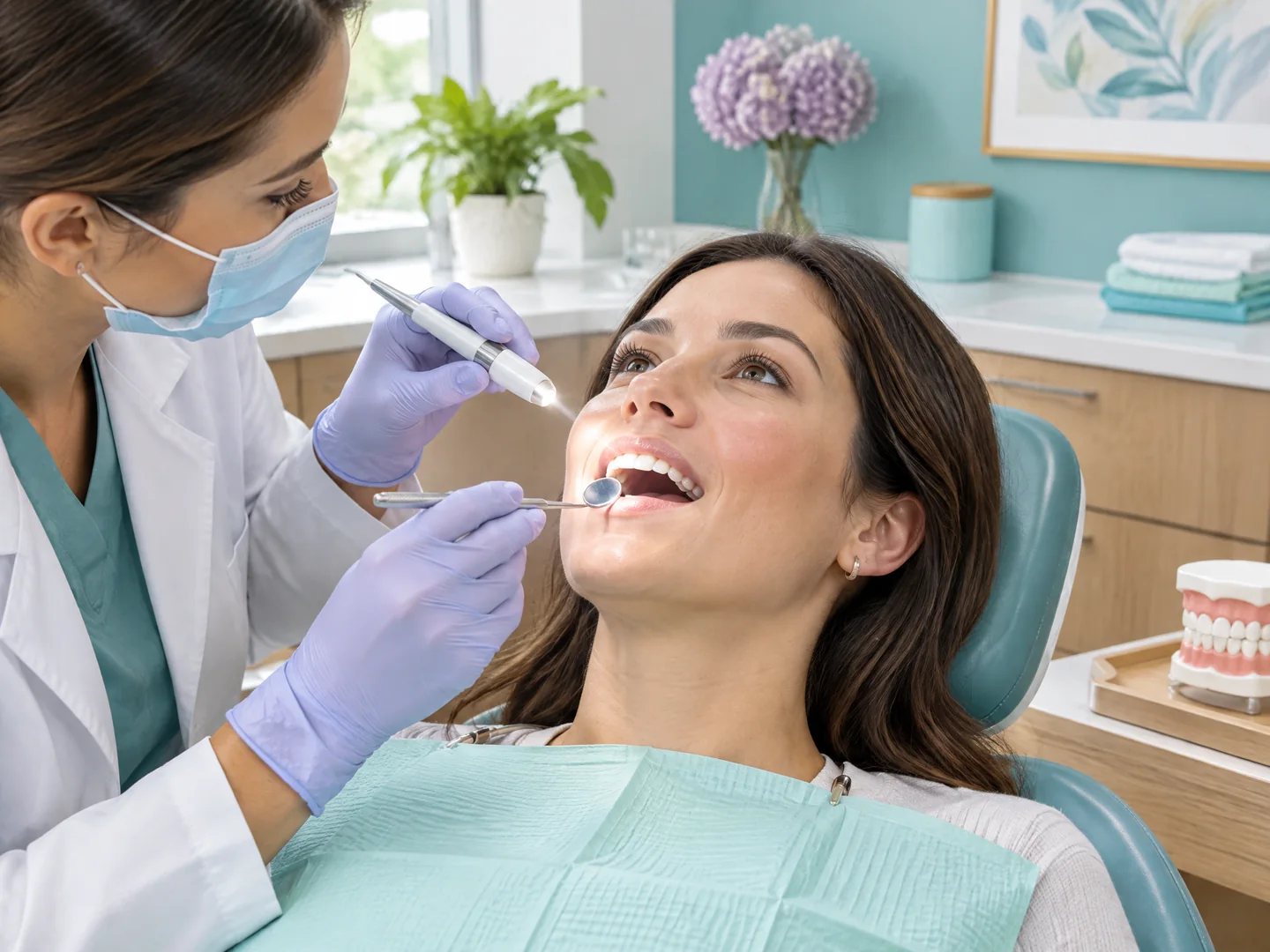 Dentist performing a gentle visual dental examination with a mirror