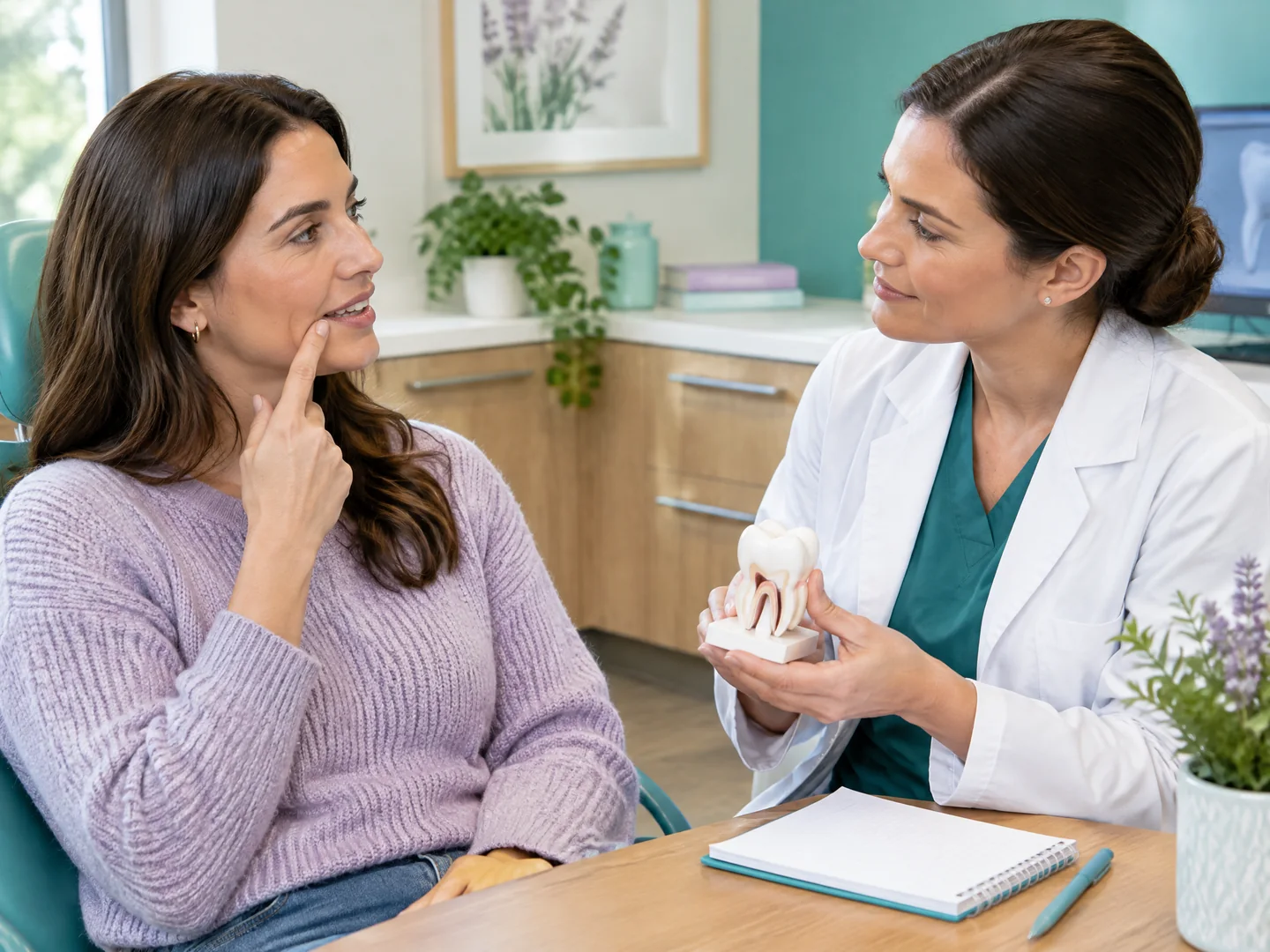 Patient describing tooth sensitivity while a dentist reviews a tooth model