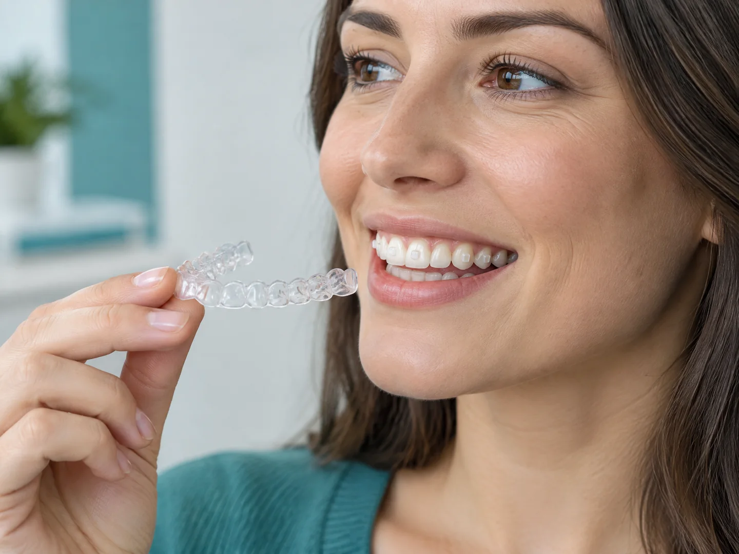 Adult patient showing subtle tooth-colored clear-aligner attachments while holding an aligner