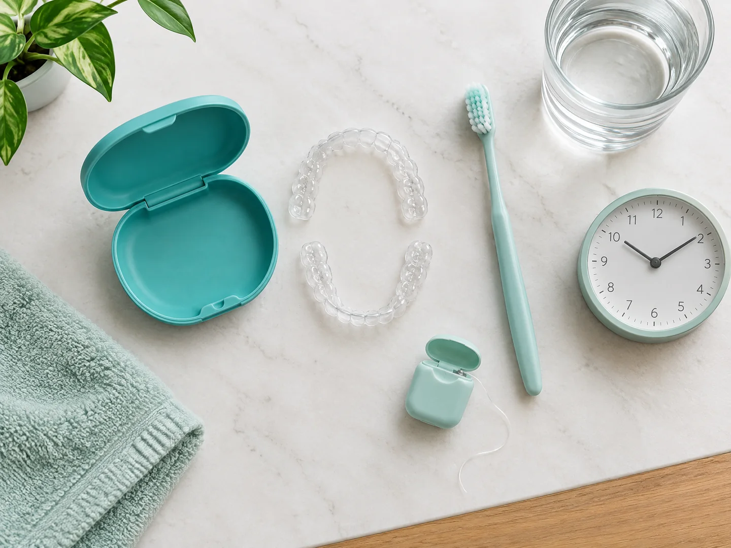 Clear aligners, case, toothbrush, floss, water, and clock arranged for a daily care routine