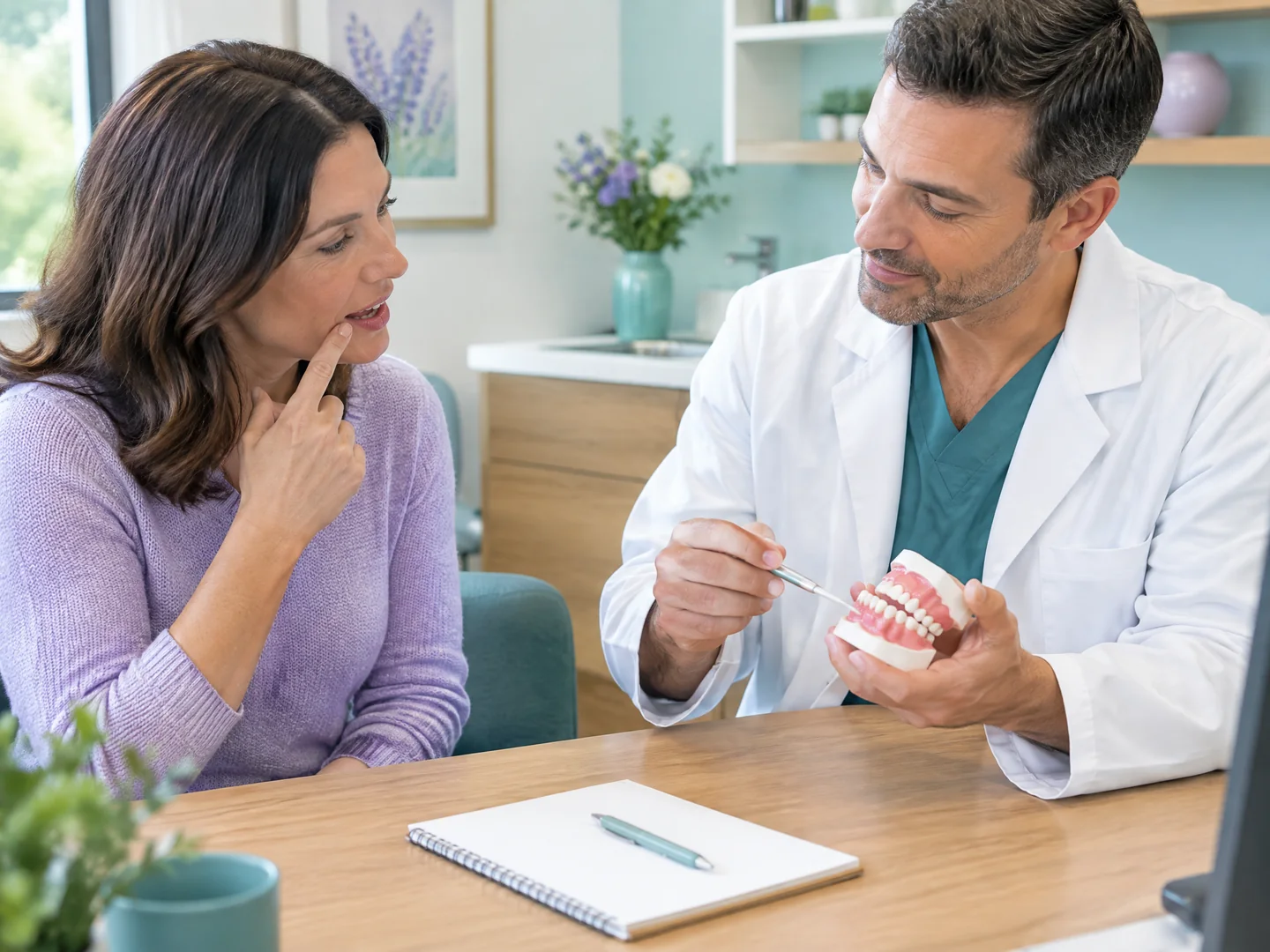 Patient and dentist using a mouth model to discuss a dental symptom