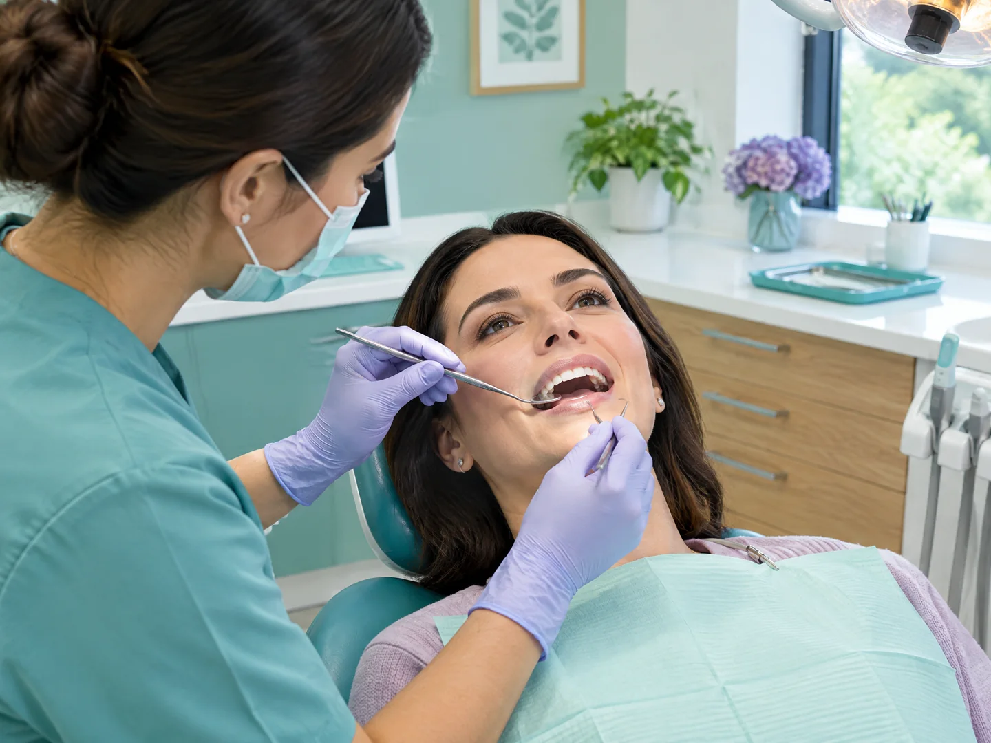 Dentist performing a gentle visual dental examination with a mirror
