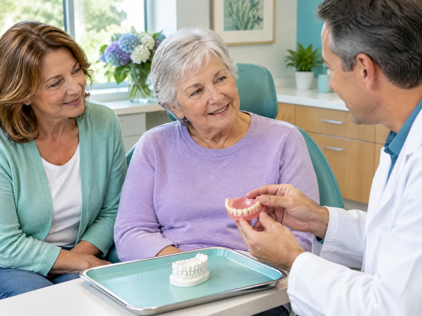 Older adult and caregiver discussing denture care with a dentist