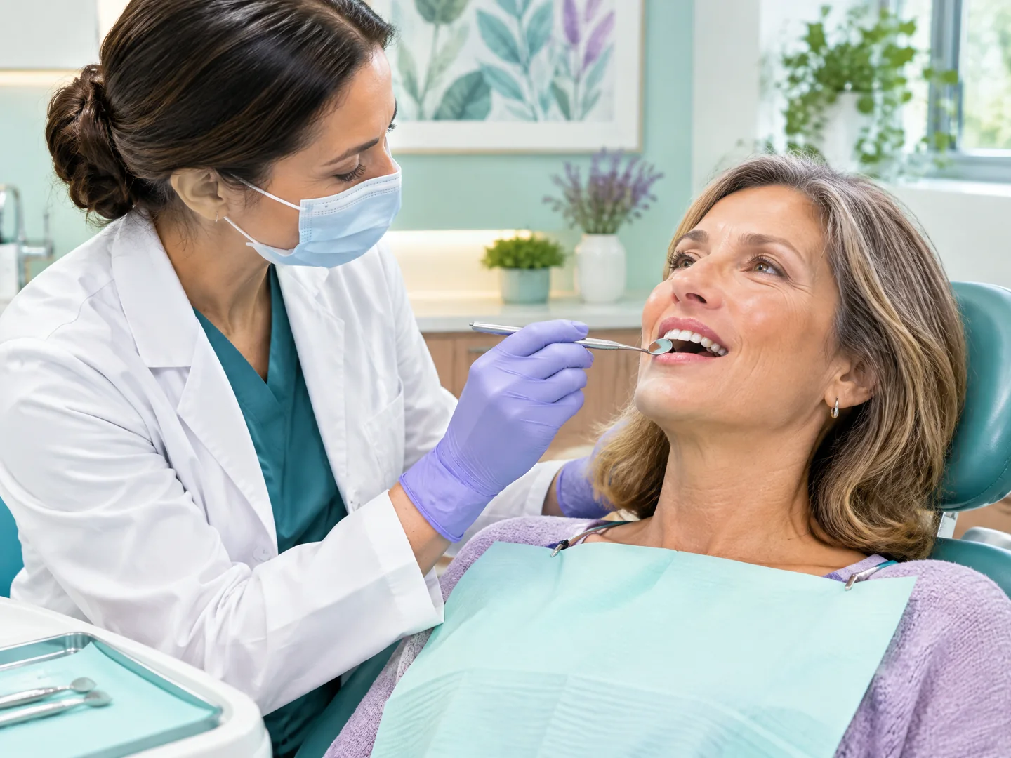 Dentist performing a gentle visual gum examination for an adult patient