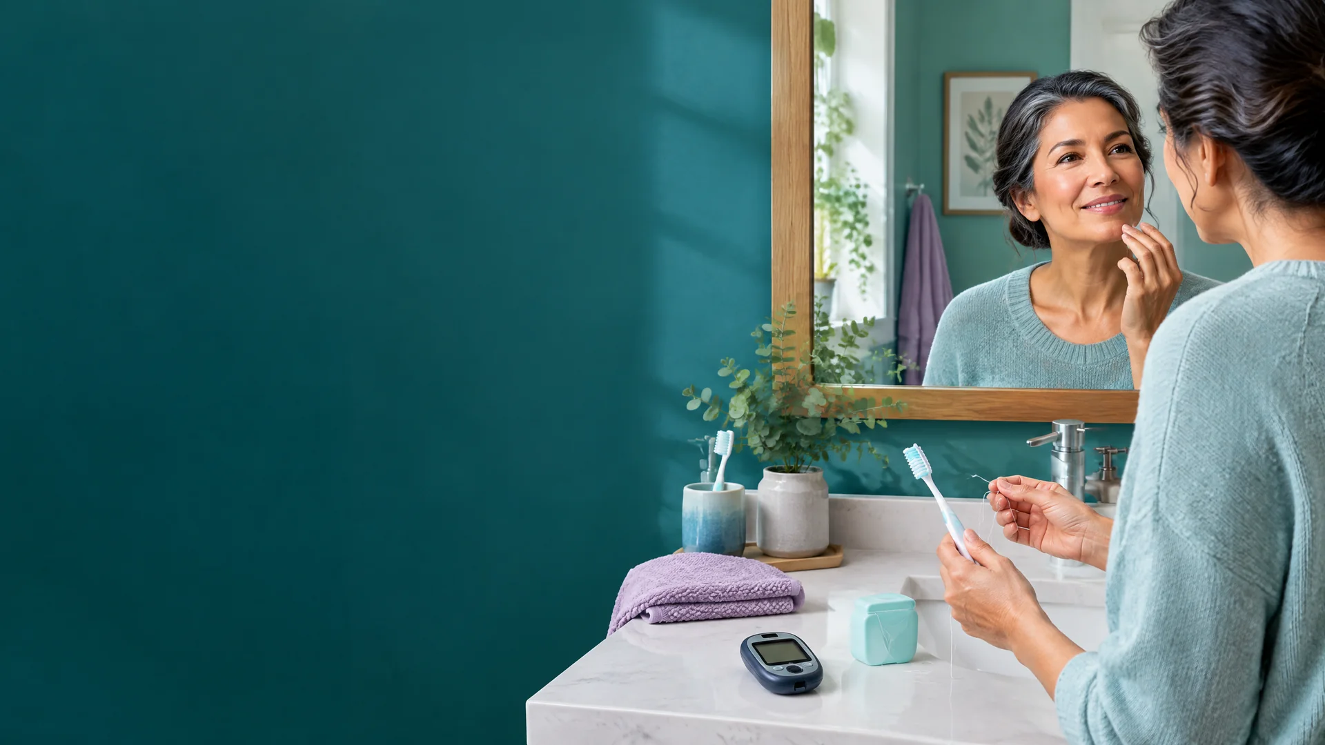 Adult preparing a toothbrush and floss beside an unbranded glucose meter