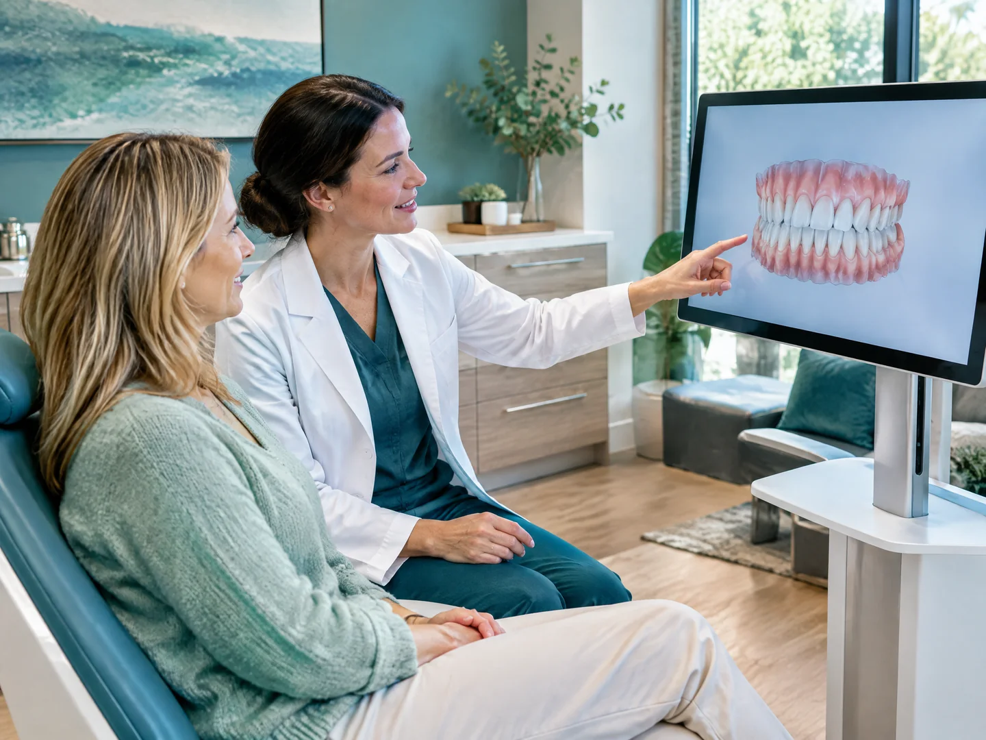 General dentist and adult patient reviewing a digital 3D scan of the teeth
