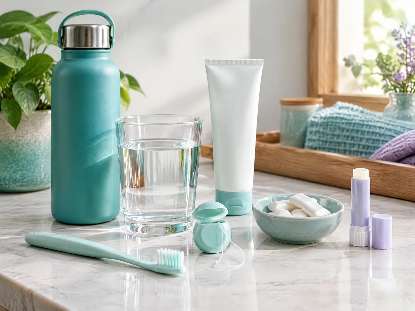 Water, soft toothbrush, fluoride toothpaste, floss, sugar-free gum, and lip balm for dry-mouth care