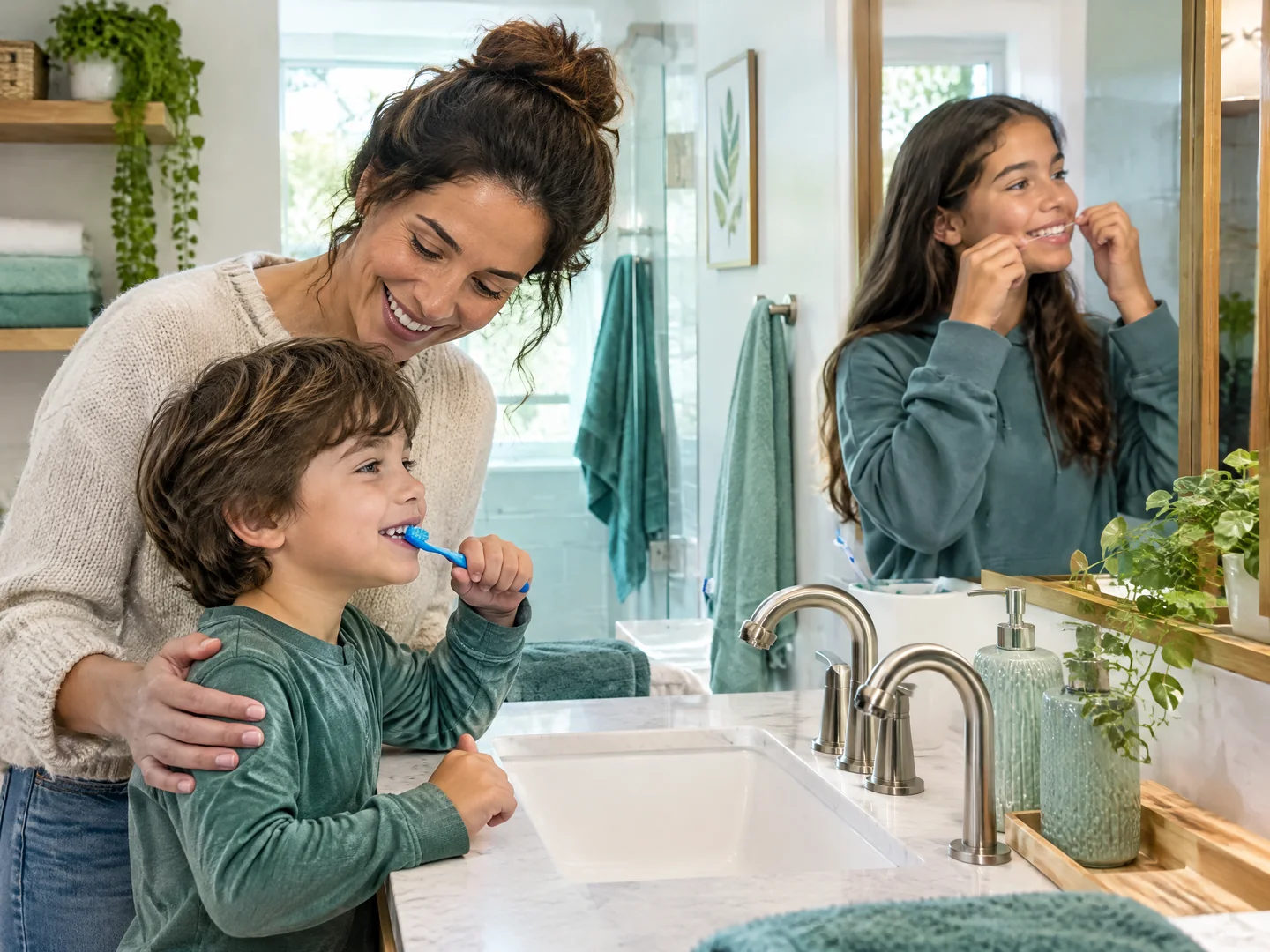 Parent supervising a young child brushing while a teenager cleans between her teeth