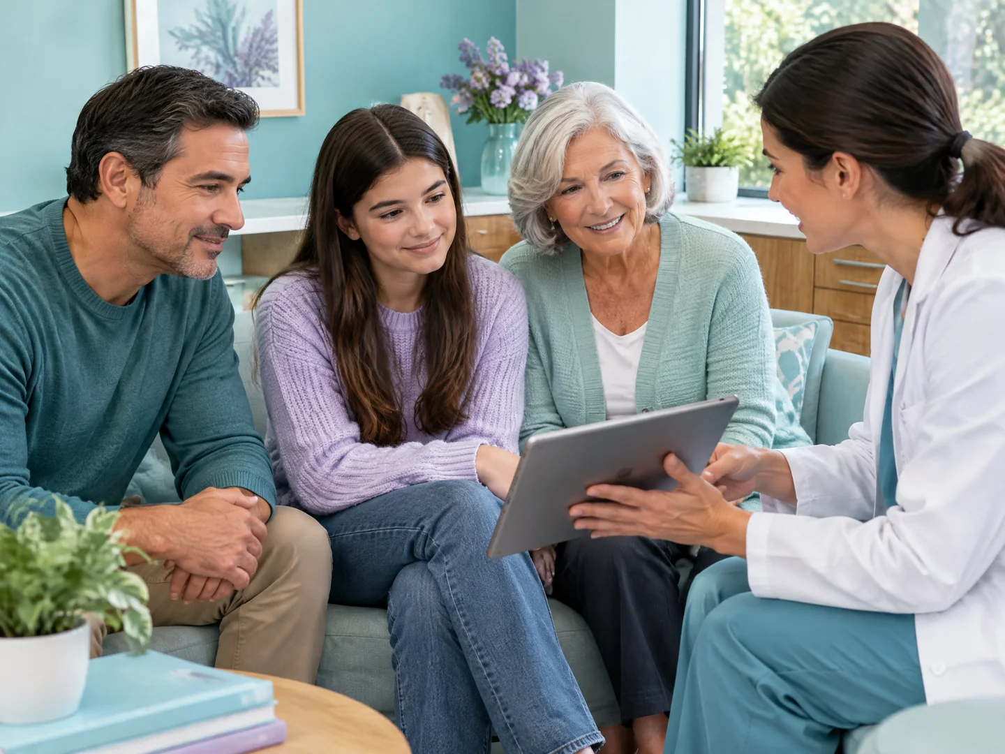 Multigenerational family discussing preventive dental care with a dentist