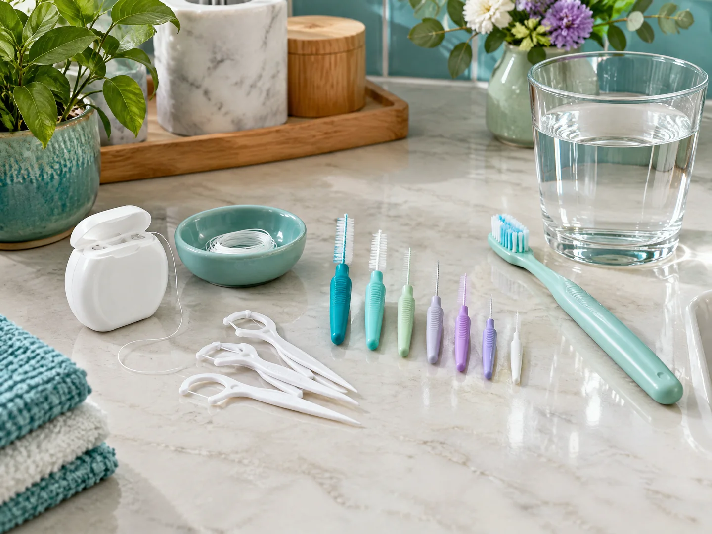 Dental floss, floss picks, and interdental brushes arranged beside a toothbrush